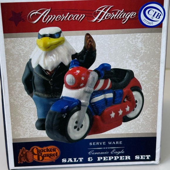 Cracker Barrel Patriotic American Eagle and Motorcycle Slat & Pepper Shaker Set - Picture 6 of 6